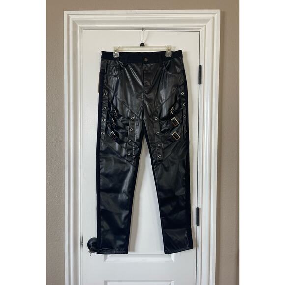 Mens Faux Leather Pants Buckles Hip Hop Leather Trousers 33 - Picture 3 of 6